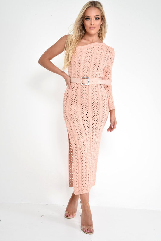 Nude One Shoulder Open Knit Maxi Dress - Dierra