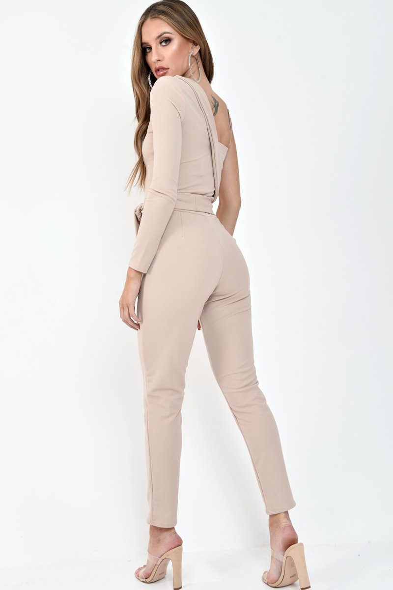 Nude One Shoulder Wrap Front Belted Jumpsuit - Henya-Jumpsuits