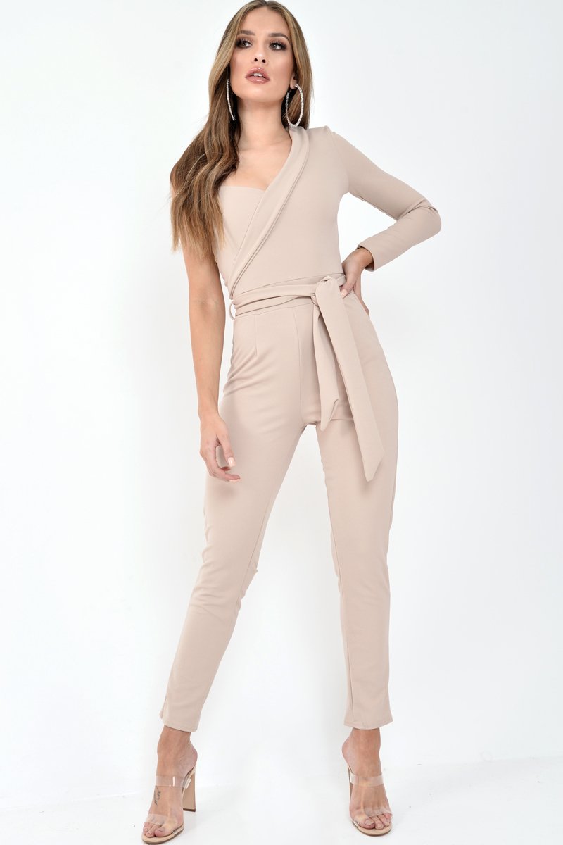 Nude One Shoulder Wrap Front Belted Jumpsuit - Henya-Jumpsuits
