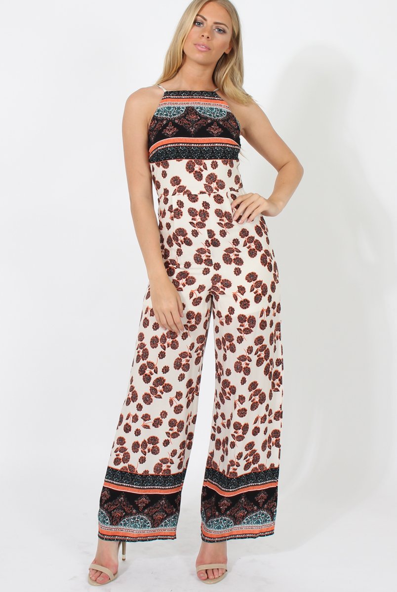Nude & Orange Pattern Jumpsuit - Constance-Jumpsuits