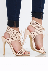 Nude PU Lazer Cut Lace Up Heels - Kyra-Heels