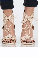 Nude PU Lazer Cut Lace Up Heels - Kyra-Heels