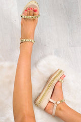 Nude PU Studded Wedge Sandals - Harriette-Sandals