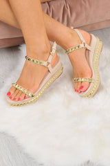 Nude PU Studded Wedge Sandals - Harriette-Sandals
