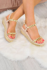 Nude PU Studded Wedge Sandals - Harriette-Sandals