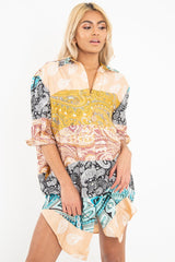 Nude Paisley Satin Midi Shirt Dress - Ilsa-Dresses