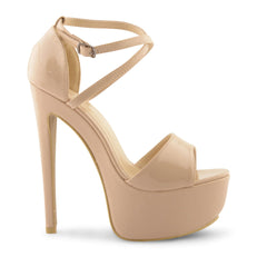 Nude Patent Cross Over Strap Platform Heels - Martha-Heels