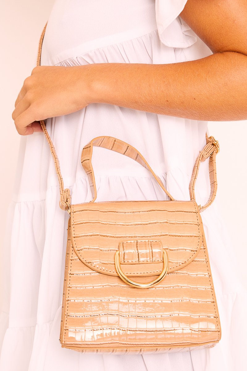 Nude Patent Faux Croc Handle Detail Bag - Barbara-Bags