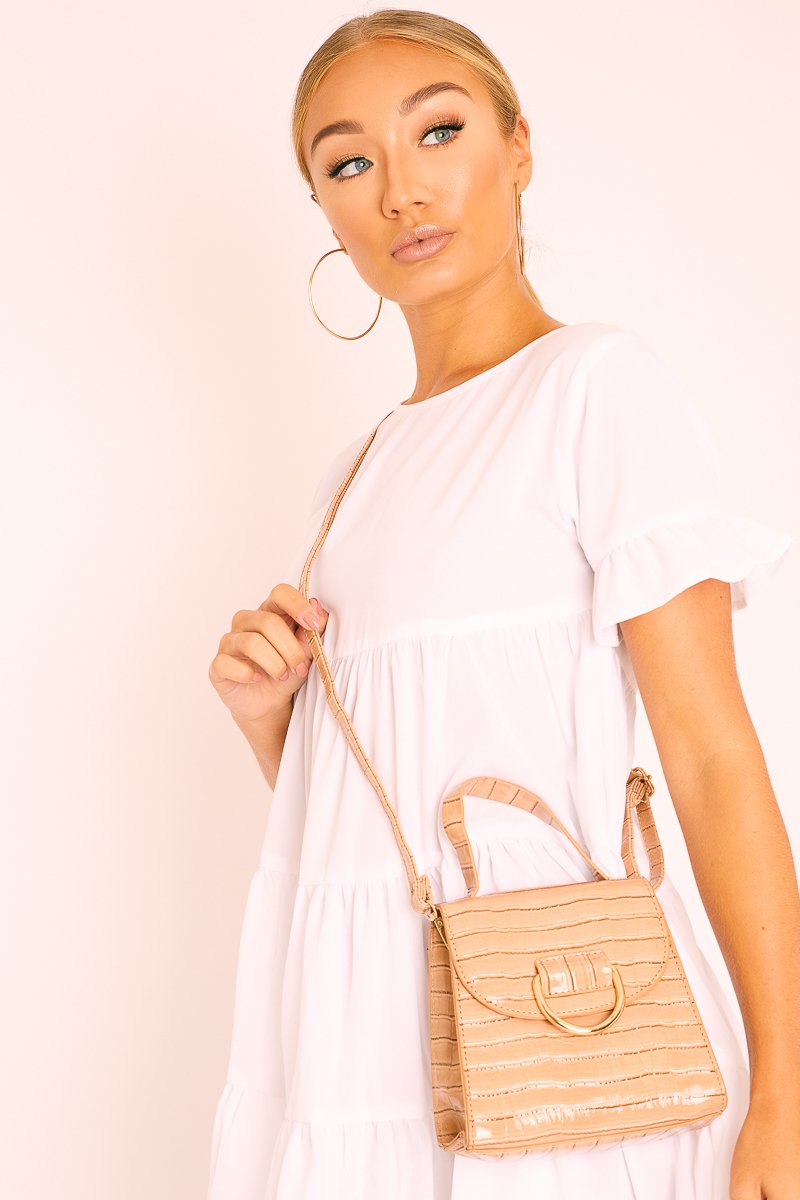 Nude Patent Faux Croc Handle Detail Bag - Barbara-Bags