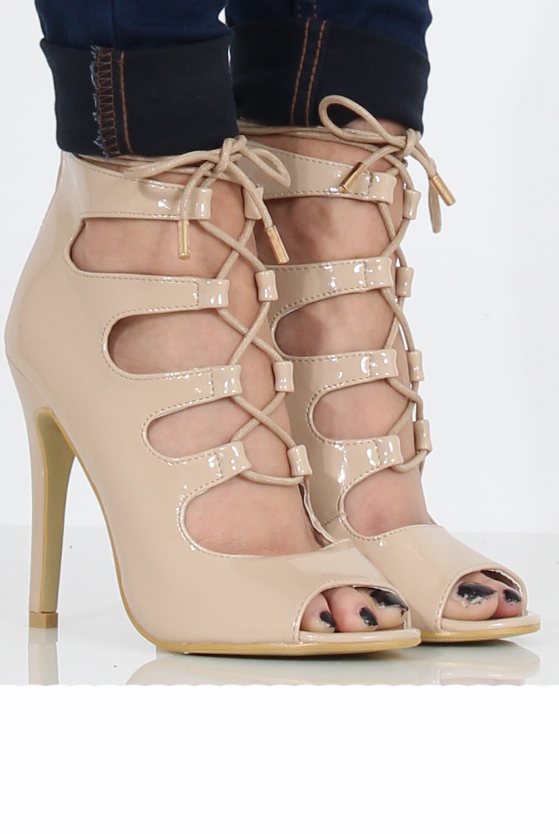 Nude Patent Lace Up Heels - Angelina-Heels