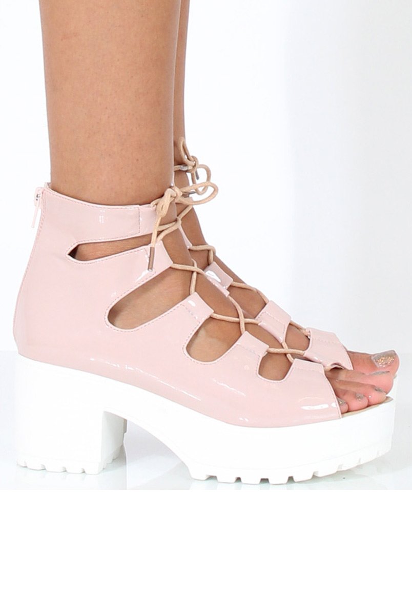 Nude Patent Lace Up Platform Sandals - Veronica-Sandals