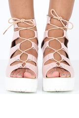 Nude Patent Lace Up Platform Sandals - Veronica-Sandals