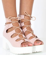 Nude Patent Lace Up Platform Sandals - Veronica-Sandals