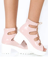 Nude Patent Lace Up Platform Sandals - Veronica-Sandals