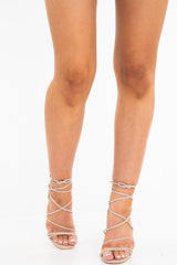 Nude Patent Lace Up Thin Block Heels - Tiffie-Heels