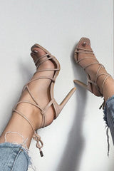 Nude Patent Lace Up Thin Block Heels - Tiffie-Heels