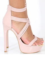 Nude Patent Platform Cross Strap Heels - Tina-Heels