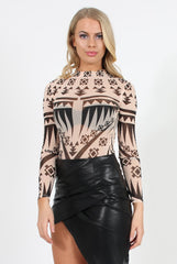 Nude Patterned Mesh Bodysuit - Shauna-Bodysuits