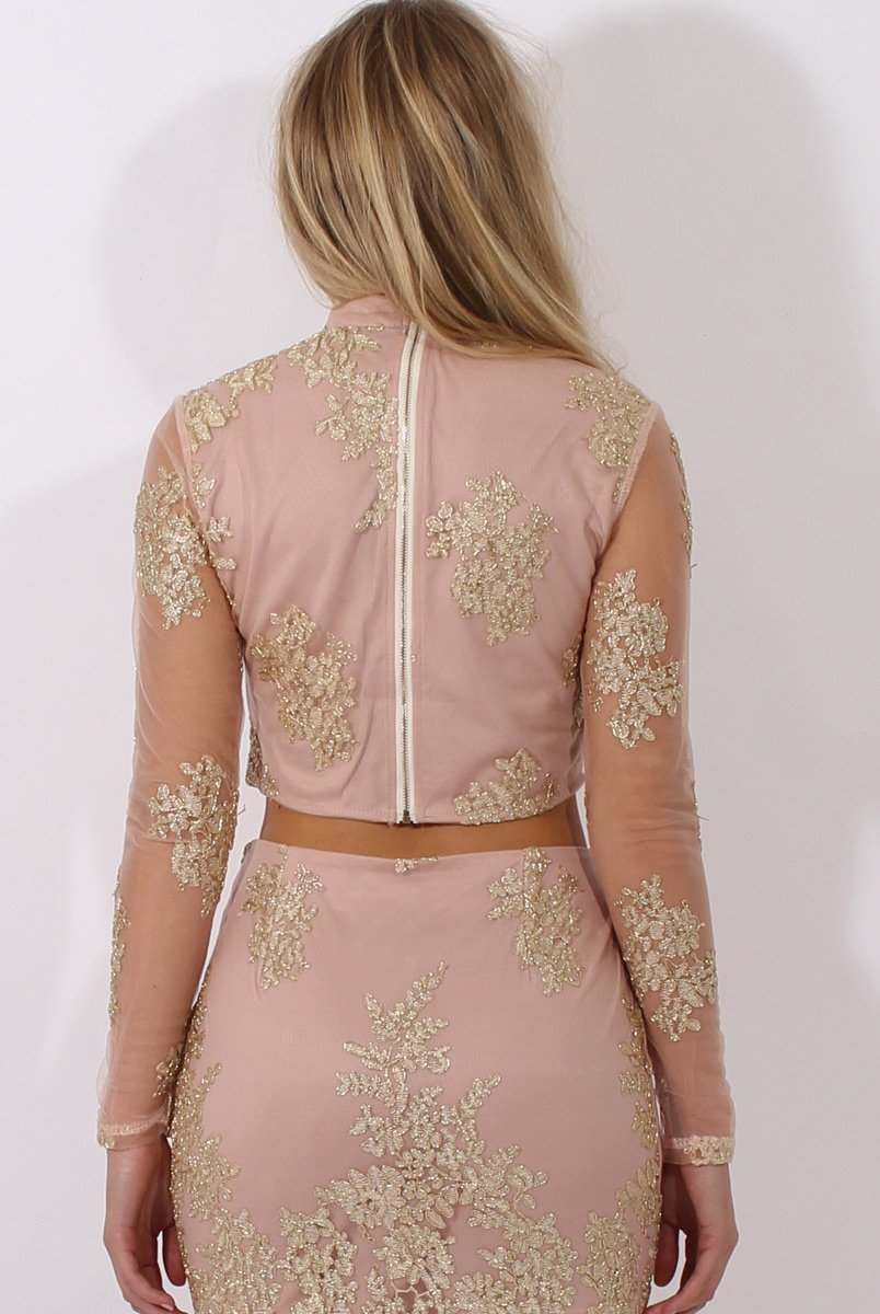 Nude Pink & Gold Embellished Crop Top - Clarita-Crop Tops