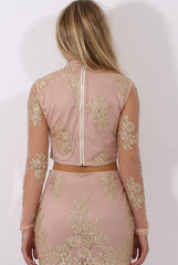 Nude Pink & Gold Embellished Crop Top - Clarita-Crop Tops