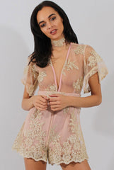 Nude Pink & Gold Embellished Playsuit- Arizona-Playsuits