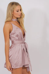 Nude Pink Satin Cross Back Choker Playsuit - Carmia-Playsuits