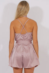 Nude Pink Satin Cross Back Choker Playsuit - Carmia-Playsuits