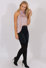 Nude Pink Satin Dipped Hem Collar Top - Davina-Tops