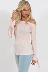 Nude Pleated Tie Cuff Bardot Top - Marcia-Tops