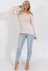 Nude Pleated Tie Cuff Bardot Top - Marcia-Tops