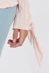 Nude Pleated Tie Cuff Bardot Top - Marcia-Tops
