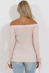 Nude Pleated Tie Cuff Bardot Top - Marcia-Tops