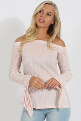 Nude Pleated Tie Cuff Bardot Top - Marcia-Tops