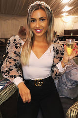 Nude Plunge Black Floral Sheer Puff Sleeves Bodysuit - Zoiey-Bodysuits