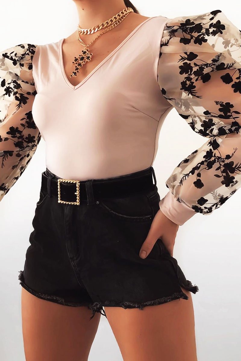 Nude Plunge Black Floral Sheer Puff Sleeves Bodysuit - Zoiey-Bodysuits