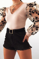 Nude Plunge Black Floral Sheer Puff Sleeves Bodysuit - Zoiey-Bodysuits