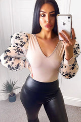 Nude Plunge Black Floral Sheer Puff Sleeves Bodysuit - Zoiey-Bodysuits