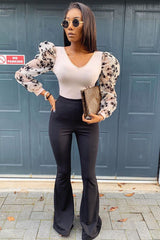 Nude Plunge Black Floral Sheer Puff Sleeves Bodysuit - Zoiey-Bodysuits