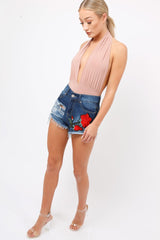 Nude Plunge Halterneck Bodysuit - Lona-Bodysuits