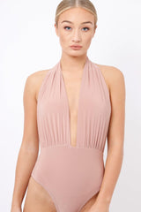 Nude Plunge Halterneck Bodysuit - Lona-Bodysuits