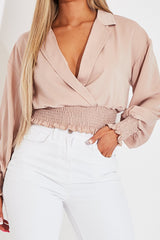 Nude Plunge Shirred Waist Top - Ciera-Crop Tops