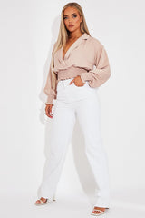 Nude Plunge Shirred Waist Top - Ciera-Crop Tops