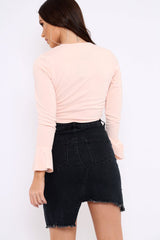 Nude Plunge Tie Front Flare Sleeve Crop Top - Aimi-Crop Tops