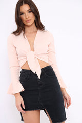 Nude Plunge Tie Front Flare Sleeve Crop Top - Aimi-Crop Tops