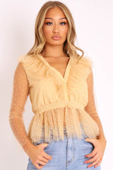 Nude Plunge Tulle Ruffle Mesh Polka Sleeves Top - Dalis-Tops