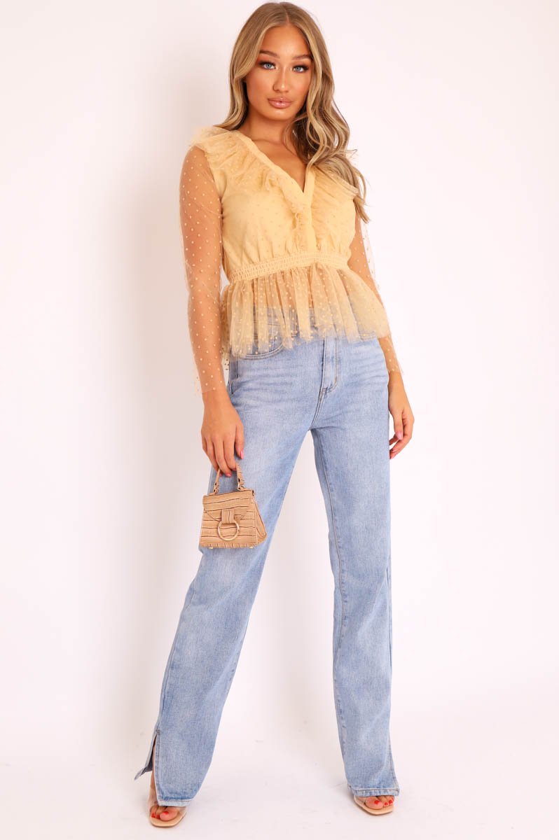Nude Plunge Tulle Ruffle Mesh Polka Sleeves Top - Dalis-Tops