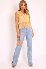 Nude Plunge Tulle Ruffle Mesh Polka Sleeves Top - Dalis-Tops