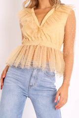 Nude Plunge Tulle Ruffle Mesh Polka Sleeves Top - Dalis-Tops