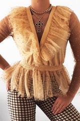 Nude Plunge Tulle Ruffle Mesh Polka Sleeves Top - Dalis-Tops