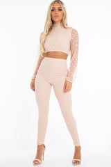 Nude Polka Dot Mesh Crop Top Leggings Co-Ord - Sofia-Co-ords
